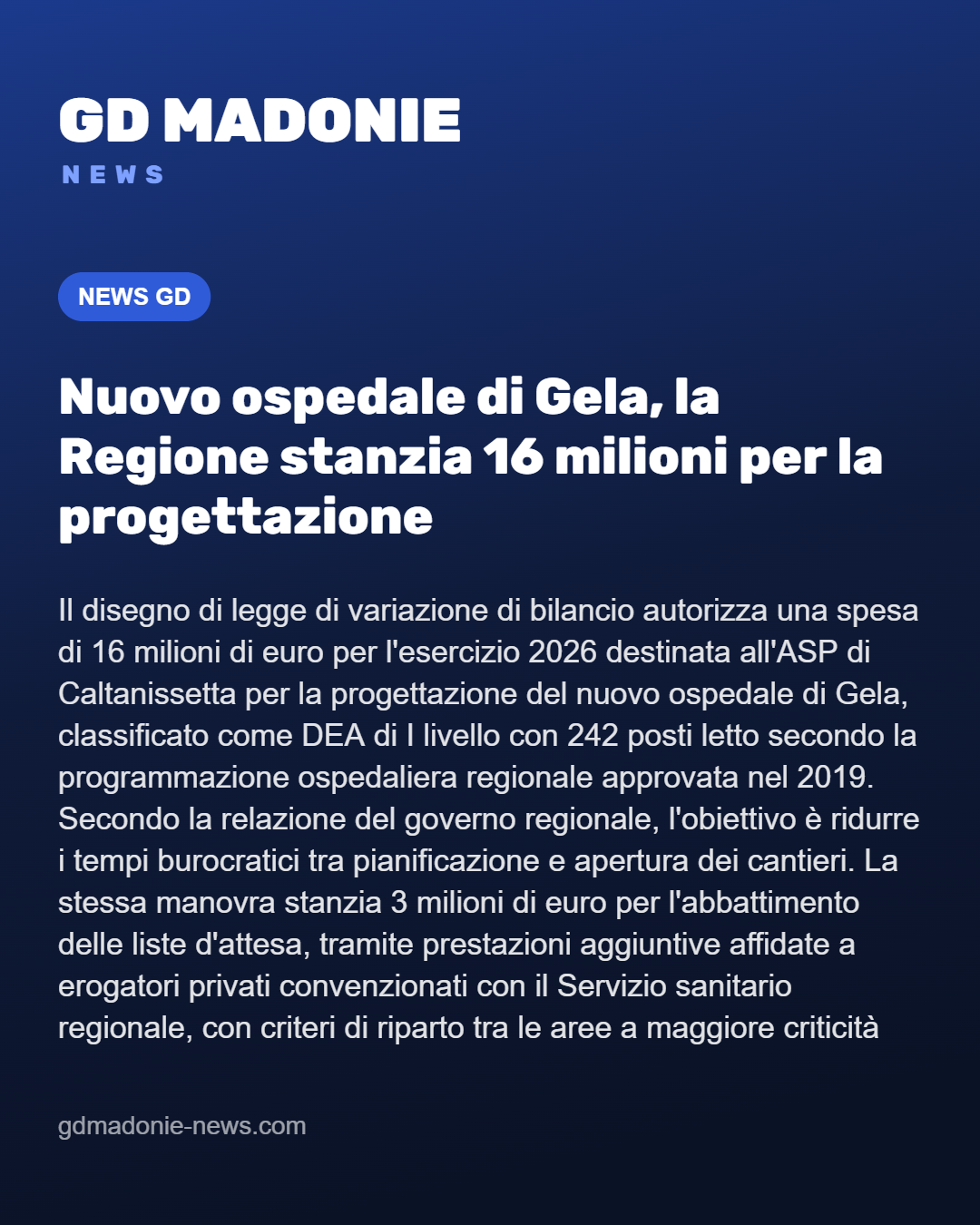 Nuovo ospedale di Gela, la Regione stanzia 16 milioni per la progettazione