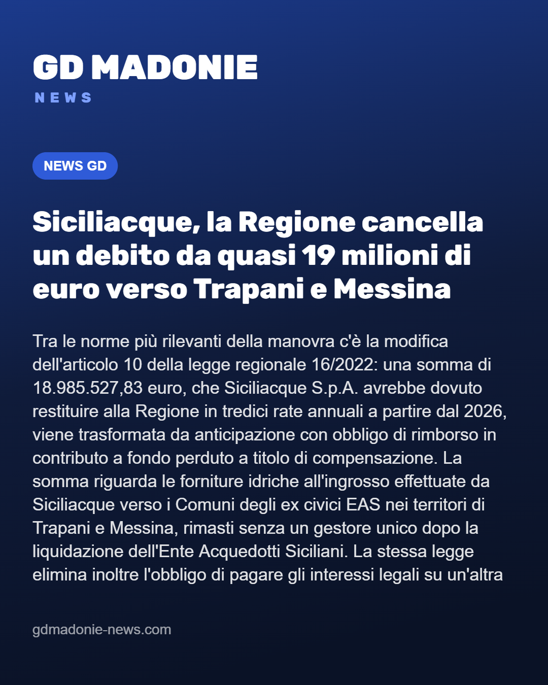 Siciliacque, la Regione cancella un debito da quasi 19 milioni di euro verso Trapani e Messina
